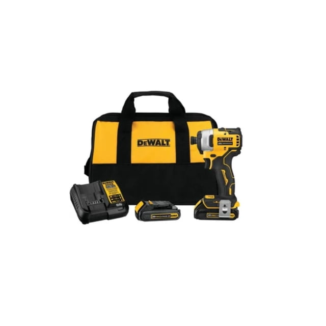 dewalt dcf809c2 dewalt atomic 20v max* driver de impacto, inalámbrico, kit compacto, 2 baterías, 1/4 dewalt dcf809c2 Vista frontal de un destornillador de impacto compacto DEWALT ATOMIC 20V MAX amarillo y negro con portabrocas de 1/4 pulg., empuñadura texturizada, dos baterías 20V y cargador delante de una bolsa de transporte amarilla y negra con el logo DEWALT; suele usarse para atornillar en espacios reducidos.