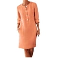 thumbnail image 2 of ClodeEU Women's Linen Blend Long Sleeve Crewneck Button Dress with Pockets ,Casual Midi Dress Orange,Womens Plus L, 2 of 5