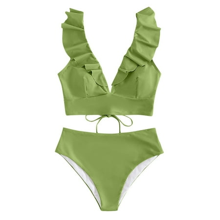 Bestselling  Women s Solid Color Casual Leaf Bikini Sets  Backless Split High Waist  Beach Swimsuit Sets  Fashion Sexy  For Women  Swimwear  Bikini Sets  One Piece Bathing Suit | Army Green S