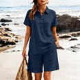 thumbnail image 4 of Mifsaly 2 Piece Short Sets for Women Summer Cotton Linen Short Sleeve V Neck Collared Shirts and Elastic Waist Shorts with Pockets Navy,S, 4 of 8