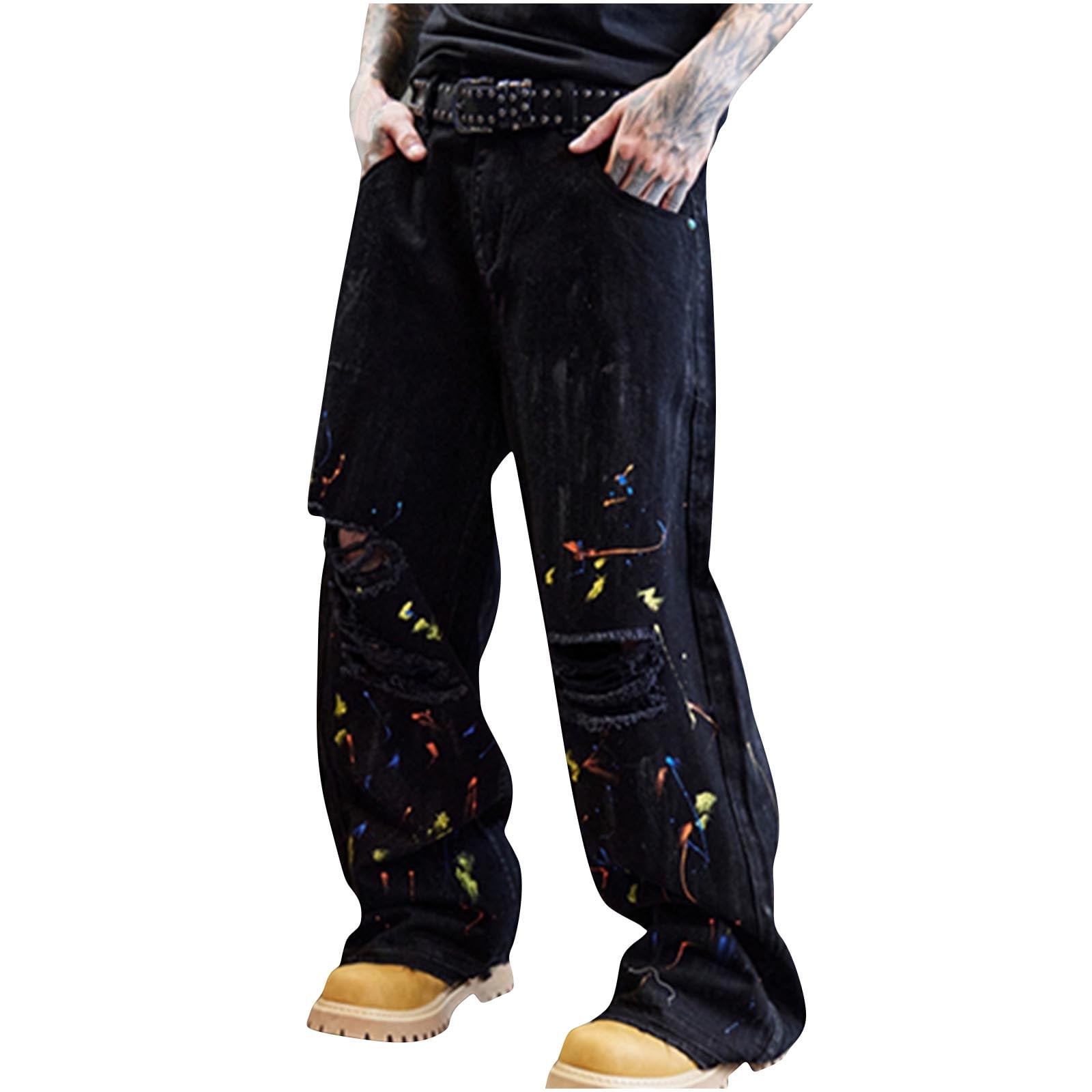 BosfBaoi 100% Denim Paint-Splatter Cargo Pants for Men - Loose Fit