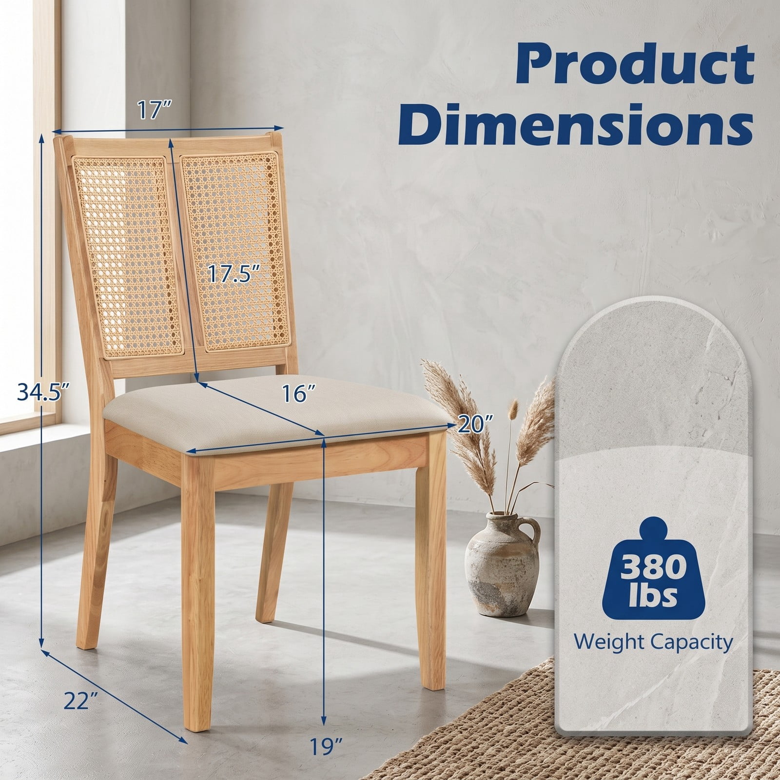 Furnibear Rattan Dining Chairs Set of 2, Upholstered Kitchen Chairs with Curved Backrest, Woven PVC Rattan Back and Padded Fabric Seat for Dining Room, Rubber, Natural