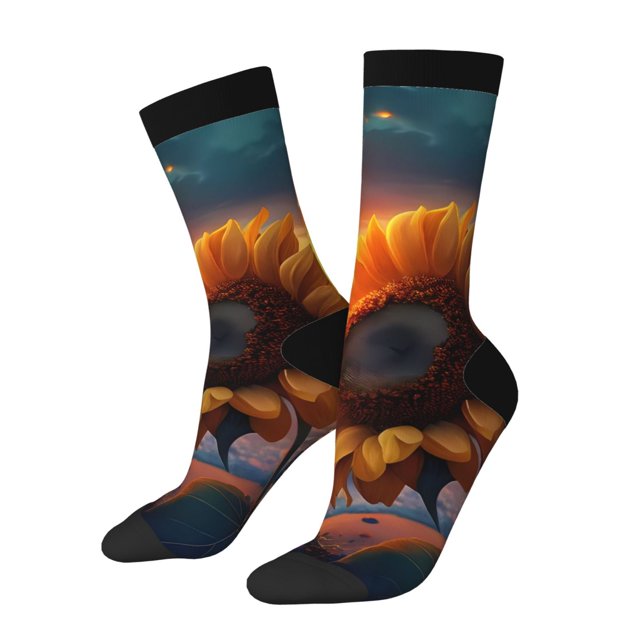 Fotbe Sunset Coast Sunflower Calcetas Largas con Estampado para Hombre y Mujer – Calcetas de Compresión Transpirables y Elásticas, Viajar y Uso Diario Talla 5-11