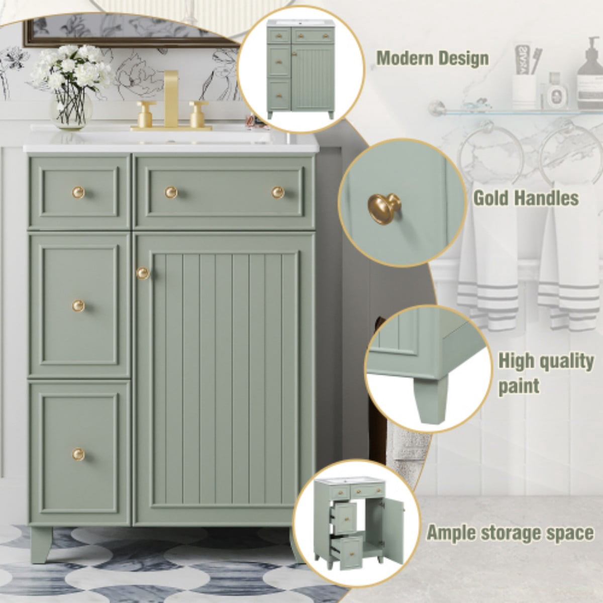 24" Bathroom Vanity with Ceramic Sink, Small Bathroom Vanity Cabinet with 2 Drawers and 1 Door, Freestanding Storage Cabinet, Green