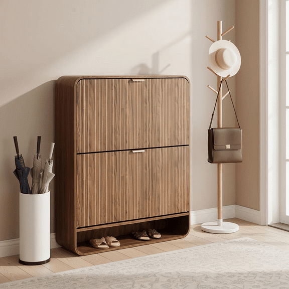 Diubas Shoe Cabinet with 2 Flip Drawers, Walnut Hidden Shoe Storage Cabinet with Fluted Design, Slim Shoe Organizer Cabinet for Hallway, Entrance, Foyer , Freestanding