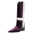 thumbnail image 2 of FSJ Women Comfortable Pointed Closed Toe Faux Fur Lined Knee High Boots Chunky Block Heels Tall Boots Party Date Shoes Size 9 Purple, 2 of 4