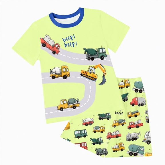 NOLDARES Toddler Kids Baby Boy Summer Outfits 2pcs Dinosaur Truck Print Round Neck Short Sleeve Tee Shirt Elastic Waist Shorts Clothes(Light Green,2-3 Y)