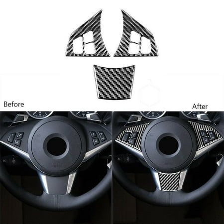 BESVEH 3Pcs Carbon Fiber Steering Wheel Cover Trim For BMW 6 Series E63 E64 2004-2010
