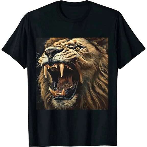 Qinduosi Men's Lion Graphic T-Shirt Summer Personality Fashion Short Sleeve Shirts Black