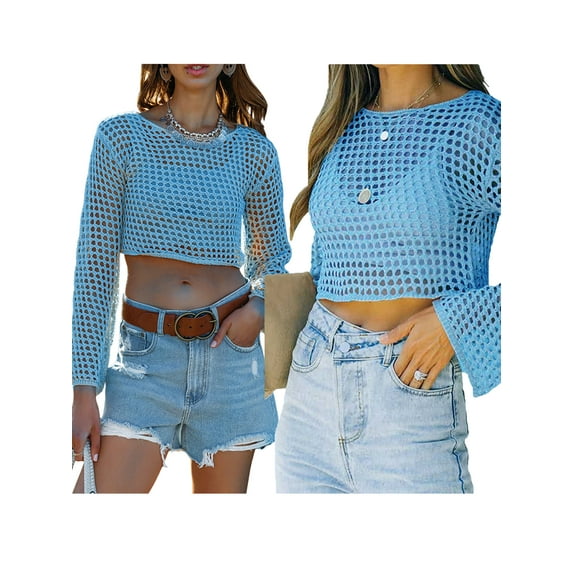 KelaJuan Women Knitted Crochet Cutout Tops Sheer Blouse Long Sleeve Crop Shirt Summer Cover Up Clubwear