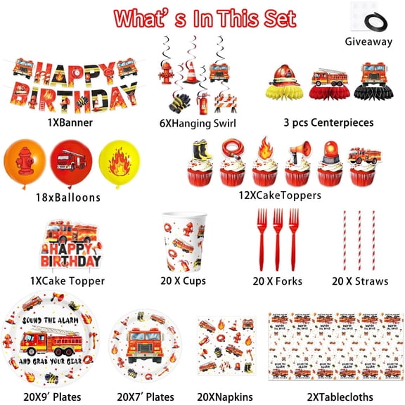 SHILIU-Fire Truck Party Supplies Firetruck Birthday Decorations Firefighter Disposable Plates Napkins Set, Banner, Hanging Swirls, Tablecloth, Cake Topper, Balloon, Fireman Honeycomb Centerpieces