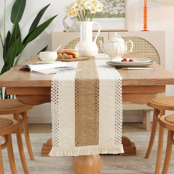 2PCS Macrame Style Stitching Table Runner Set Elegant Versatile Macrame Table Runner Kit Easy to Clean Geometric Patterned Table Runners Soft Rustic Table Runners for Home