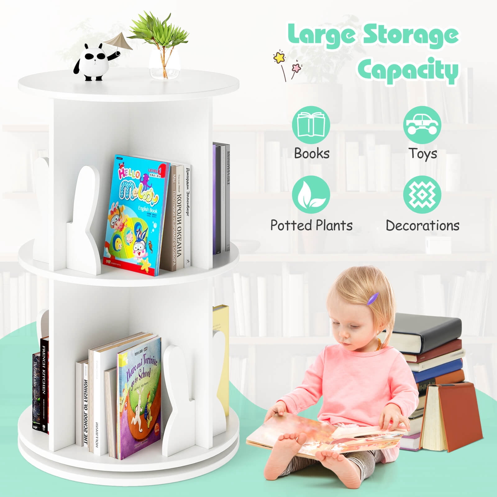 Costway Kids Rotating Bookshelf 2 Tier Freestanding 360° Revolving Display Storage Rack White
