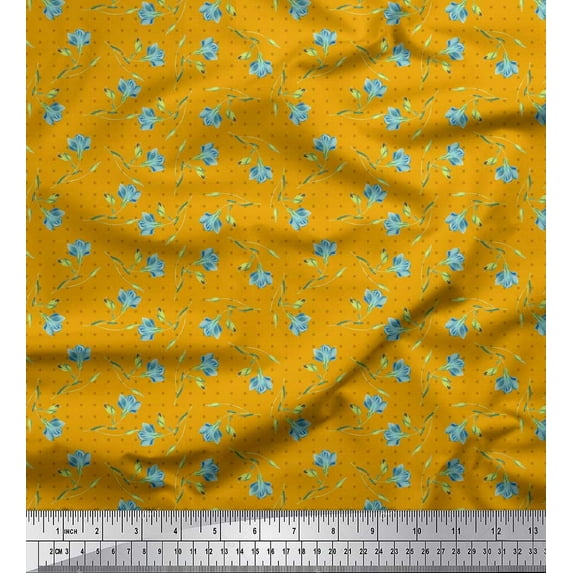 Soimoi Gold Japan Crepe Satin Fabric Dot & Freesia Floral Fabric Prints By Yard 42 Inch Wide