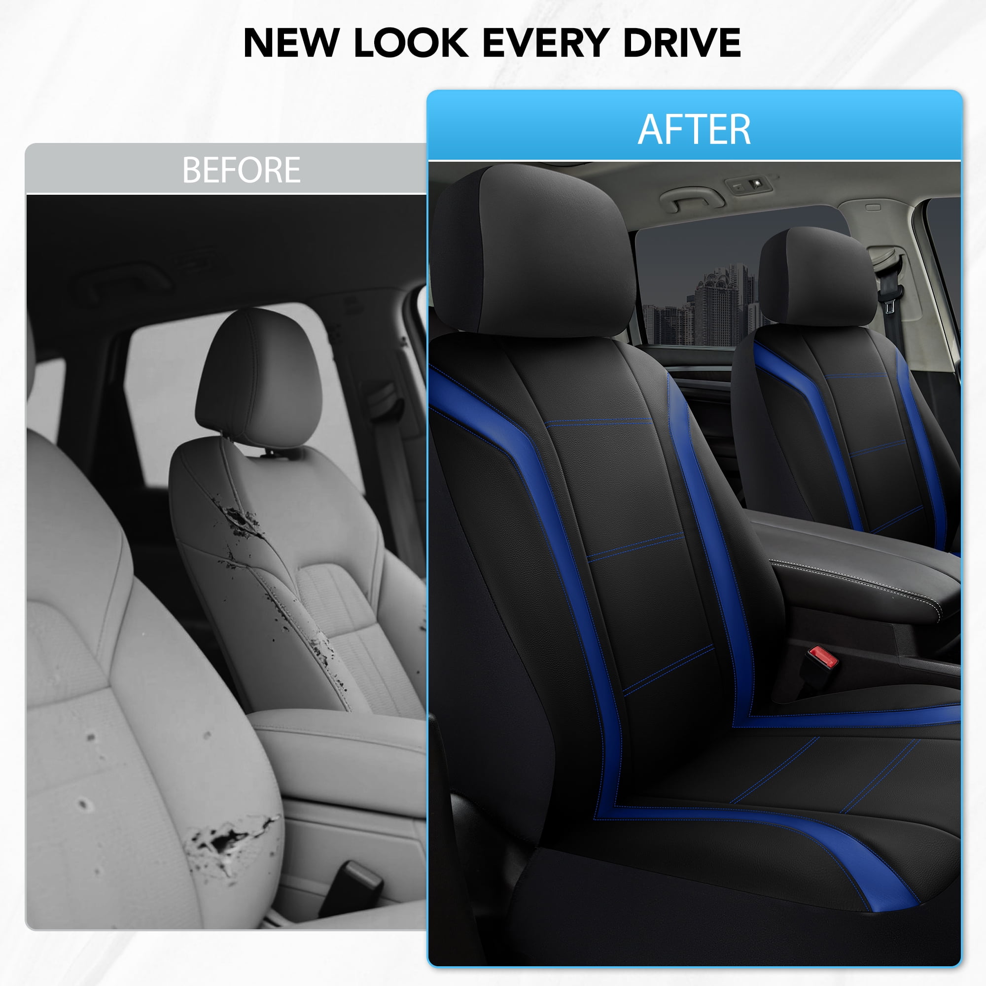 Road Comforts Leather Car Seat Cover,Sports Style Car Seat Cover,Breathable,Non-Slip,Universal Fit,Blue Front Seats