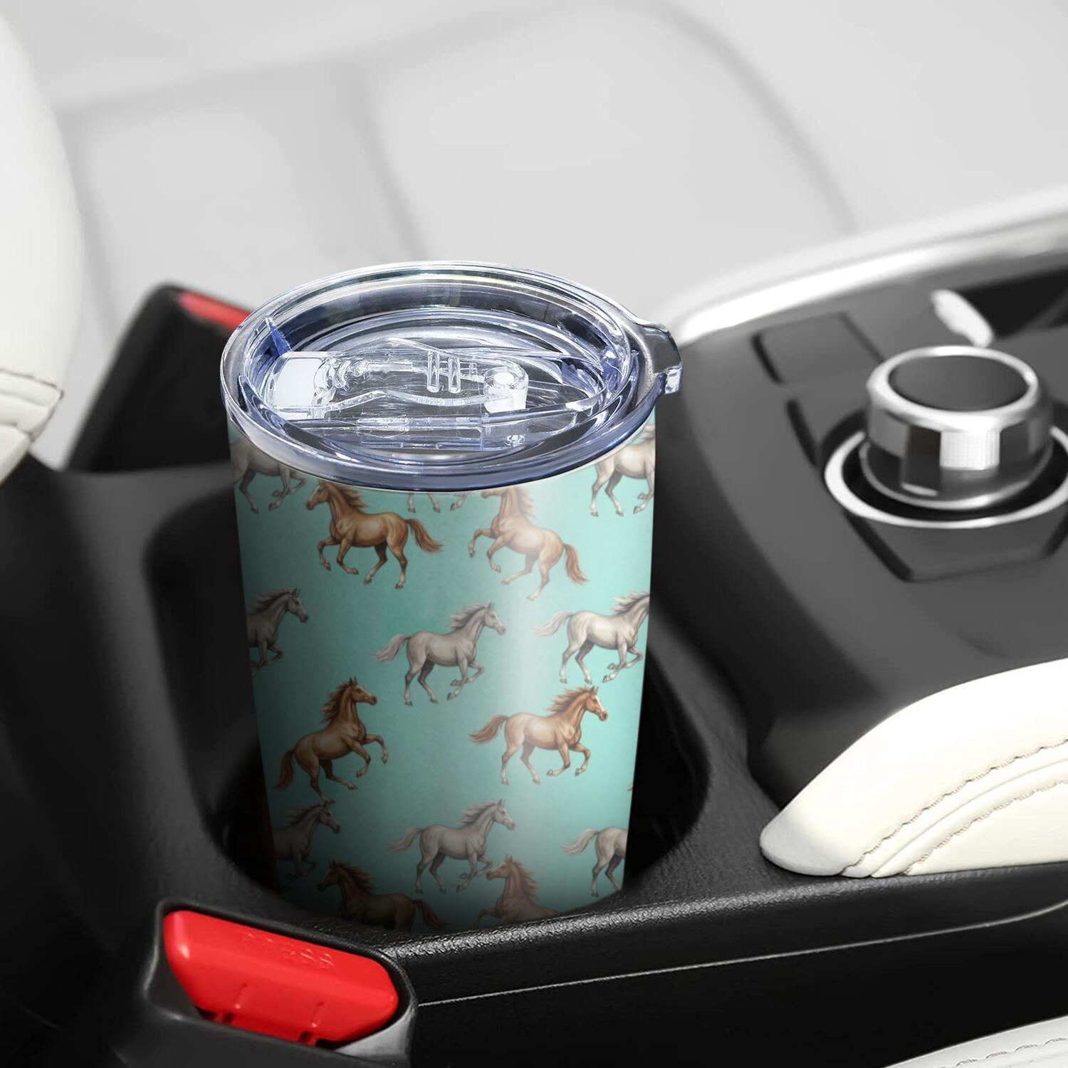 20oz Travel Coffee Tumbler, Stainless Steel, Lid, Outdoor Use,Horse Colorful Run Light Teal Pattern