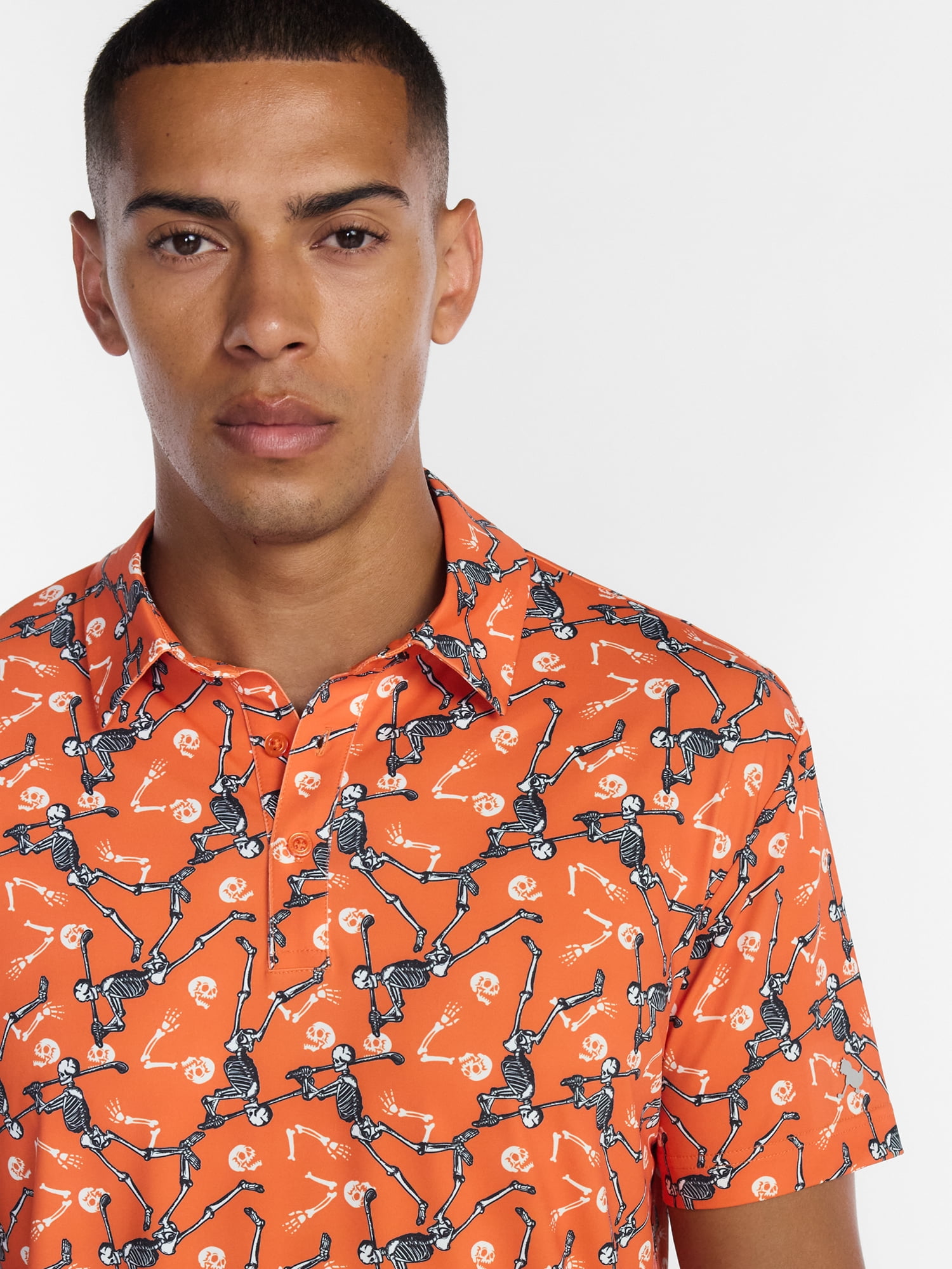 Birdie Bound Halloween Spooky Skeleton Print Golf Polo Shirt, Men's Sizes S-4XLT
