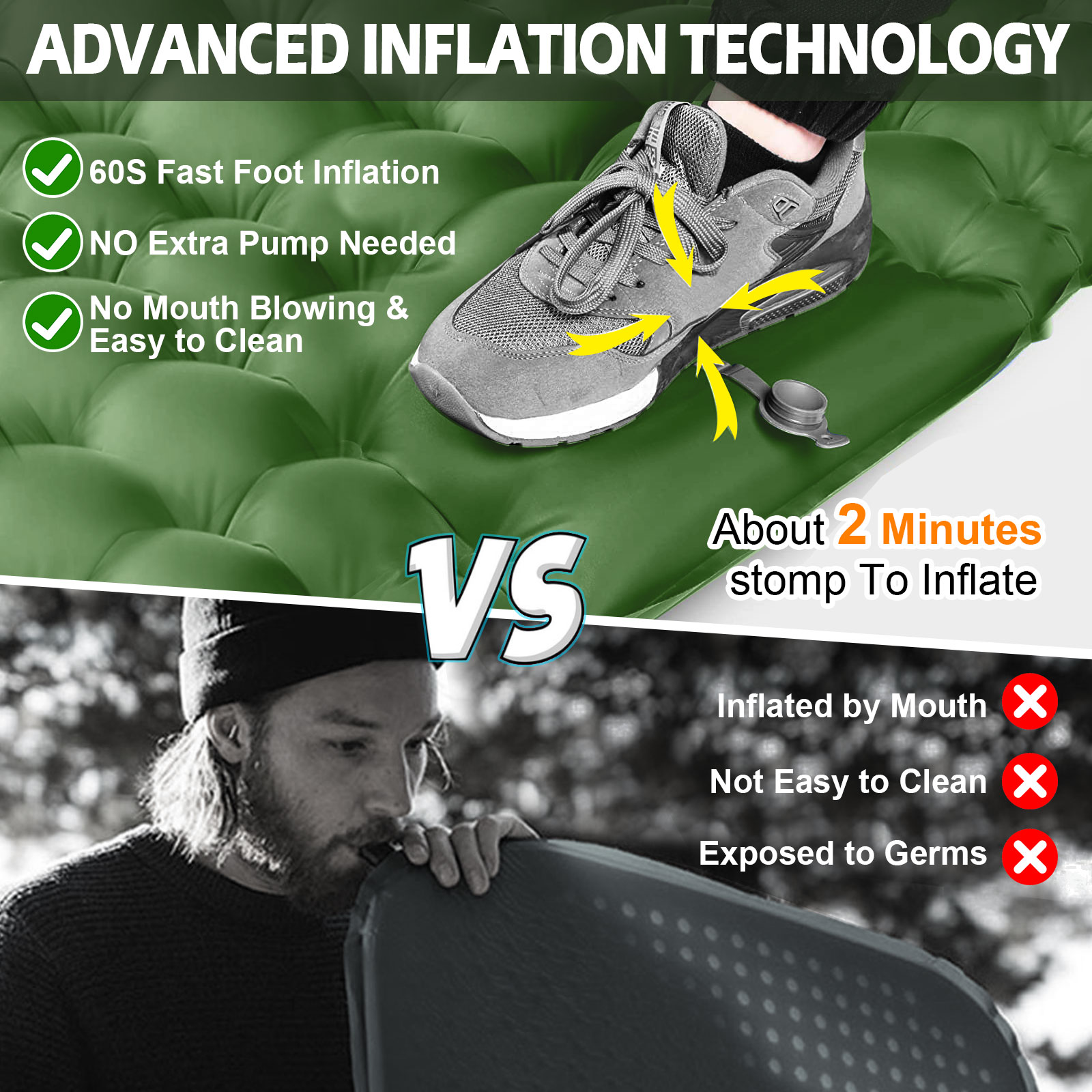 Eurhowing Double Sleeping Pad 4" Thick, 2 Person Inflatable Camping Mat with Foot Pump & Pillow, Portable Air Mattress for Backpacking Hiking Tent Travel, Green