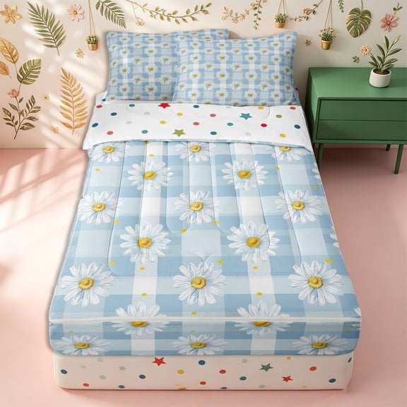 Erosebridal Gingham Plaid Pattern Zipper Twin Comforter Sets with Fitted Sheet and 2 Pillowcases,Daisy Flower Print Zipper Bedding Set,Blue White,Reversible