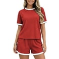 thumbnail image 2 of Womens Ribbed Knit Two-Piece Set Casual Short Sleeve T Shirt And Shorts Matching Outfit With Contrast, 2 of 7