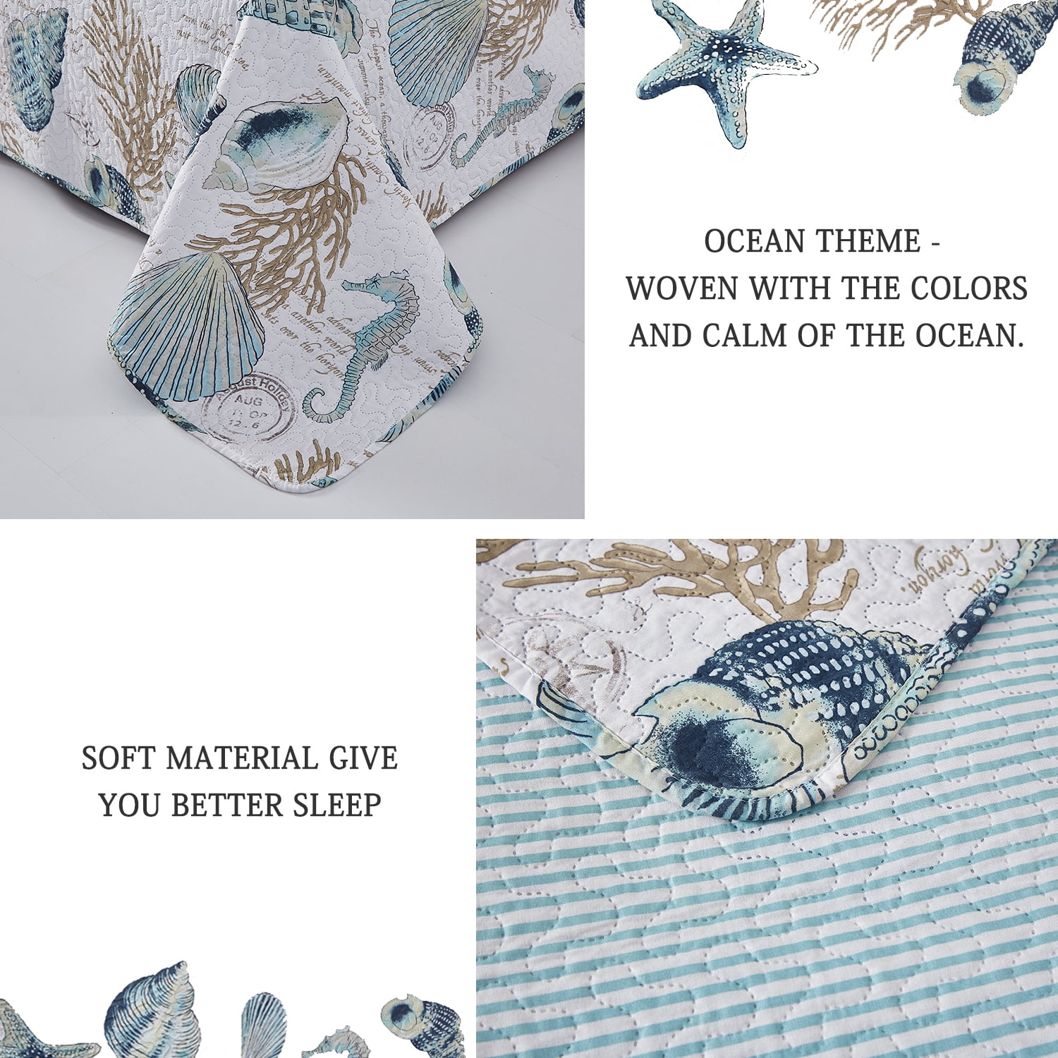 Jessy Home Shell Quilt Queen/Full Size Coastal Beach Bedspreads Microfiber Bedding Set
