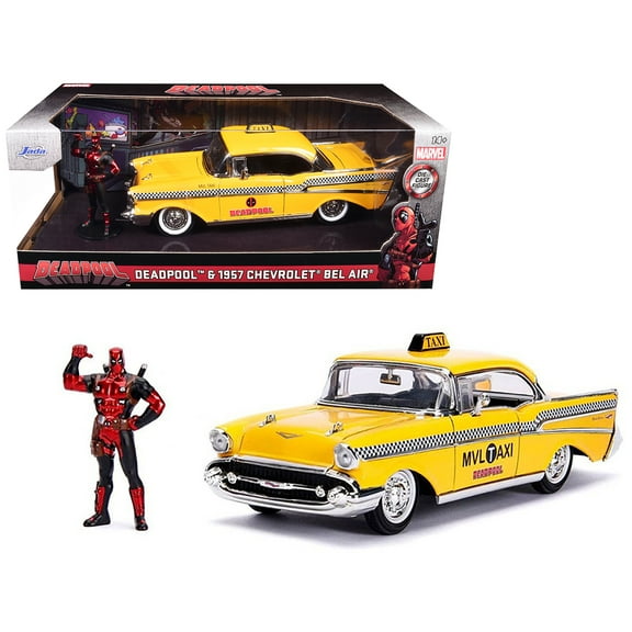 1957 Chevrolet Bel Air Taxi Yellow with Deadpool Diecast Figurine "Marvel" Series 1/24 Diecast Model Car by Jada