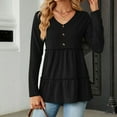 thumbnail image 2 of Dressy Casual Shirts Ladies Fall V Neck Buttons Ruffle Cute Babydoll Tops Crochet Textured Plain Pullovers (Large, Black), 2 of 5