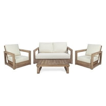 GDF Studio Andrae Outdoor 4 Seater Acacia Wood Chat Set with Cushions, Brown and Beige