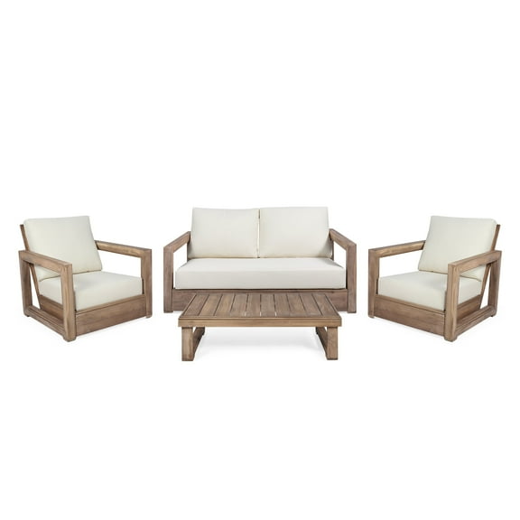 GDF Studio Andrae Outdoor 4 Seater Acacia Wood Chat Set with Cushions, Brown and Beige