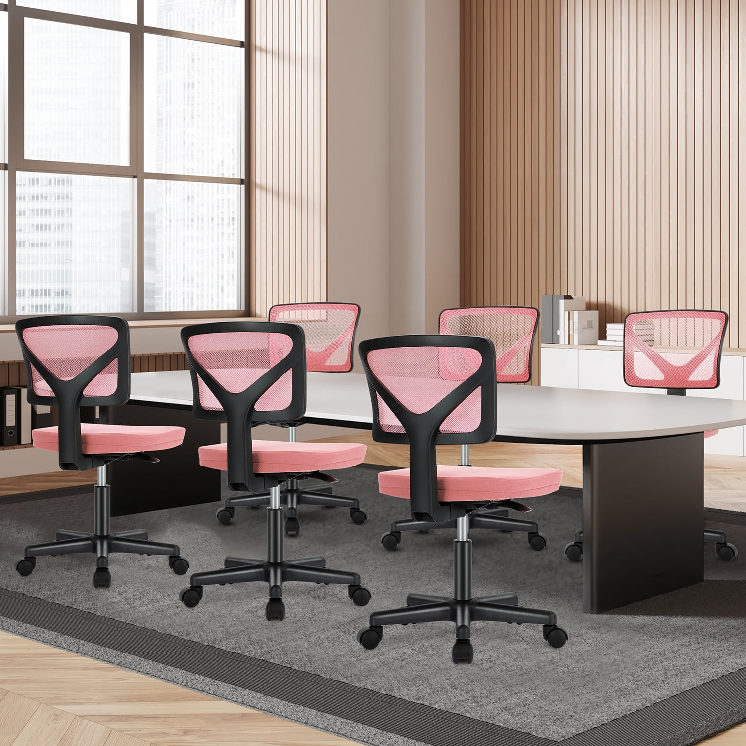 JOINSUN Armless Desk Mesh Office Chair, Adjustable Height Ergonomic Low Back Vanity Task Desk Chair with Wheels, Pink
