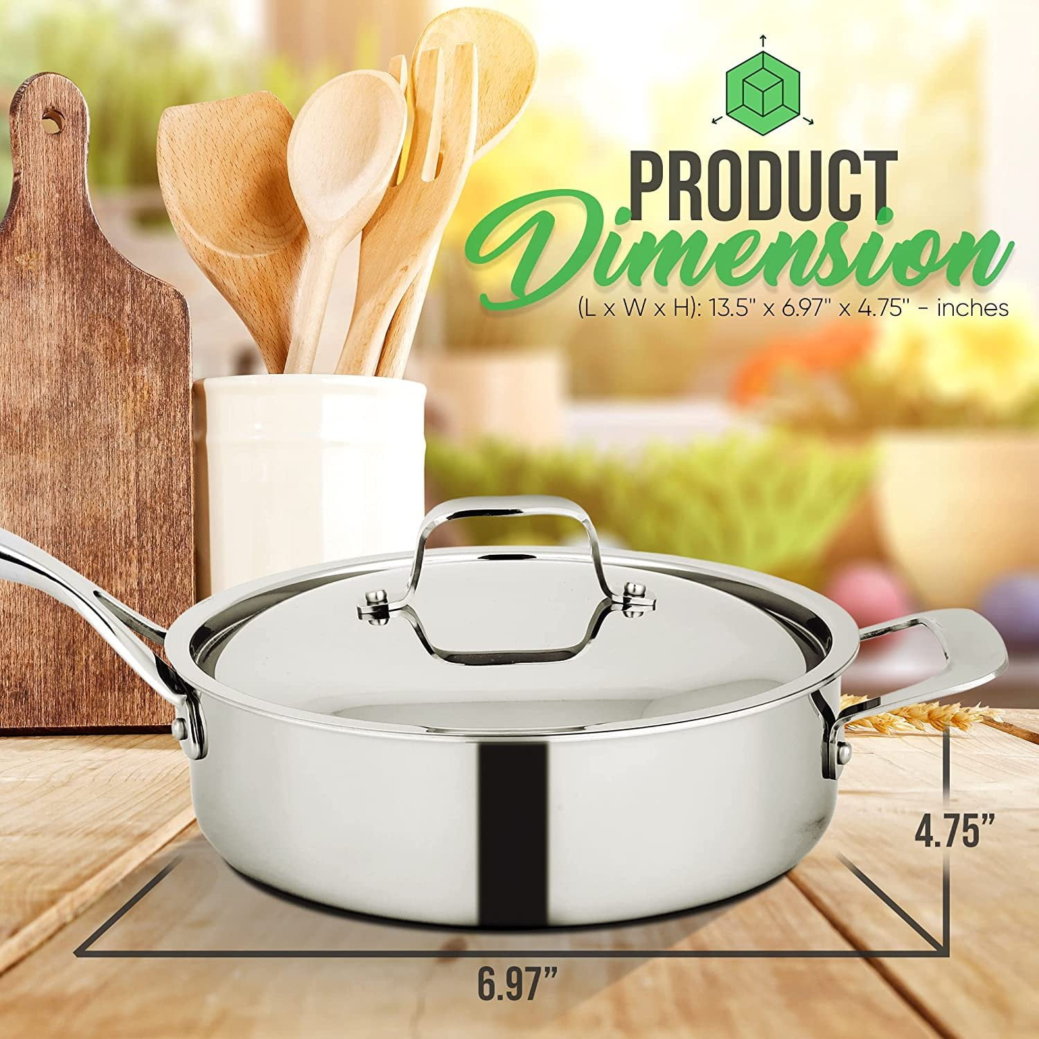 NutriChef 3.4-Quart Sauté W/ Lid Stainless Steel Stain-Resistant Kitchen Cookware W/ Satin Interior