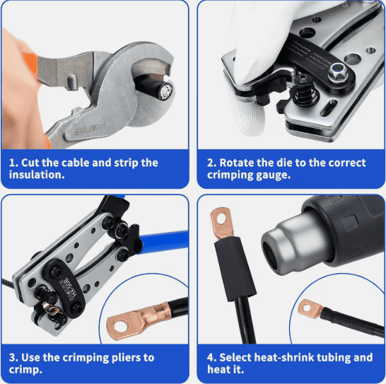 Heavy-Duty Battery Cable Crimping Tool Kit for AWG 8-1/0, Includes Ratchet Crimping Plier, Cable Wire Cutters, 60Pcs Copper Wire Lugs, 164Pcs Heat Shrink Tubing & Work Gloves.