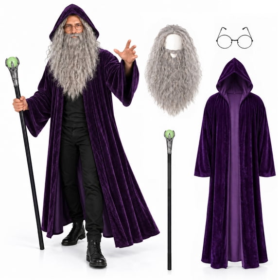 Bulex Wizard Costume for Adults, Medieval Velvet Hooded Cloak with Wig, Beard, Glasses & Magic Staff for Halloween Cosplay Party Outfit Dress-Up