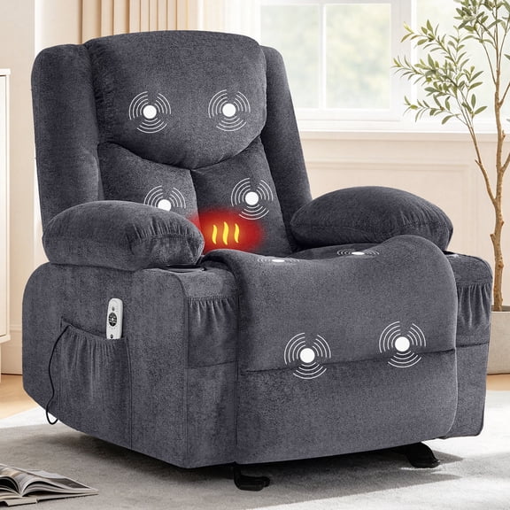 JMYMRY Recliner Chair with Vibration Massage and Heating for Living Room, Adjustable Rocker with Cup Holders and Side Pockets, USB Charge Port,Gray