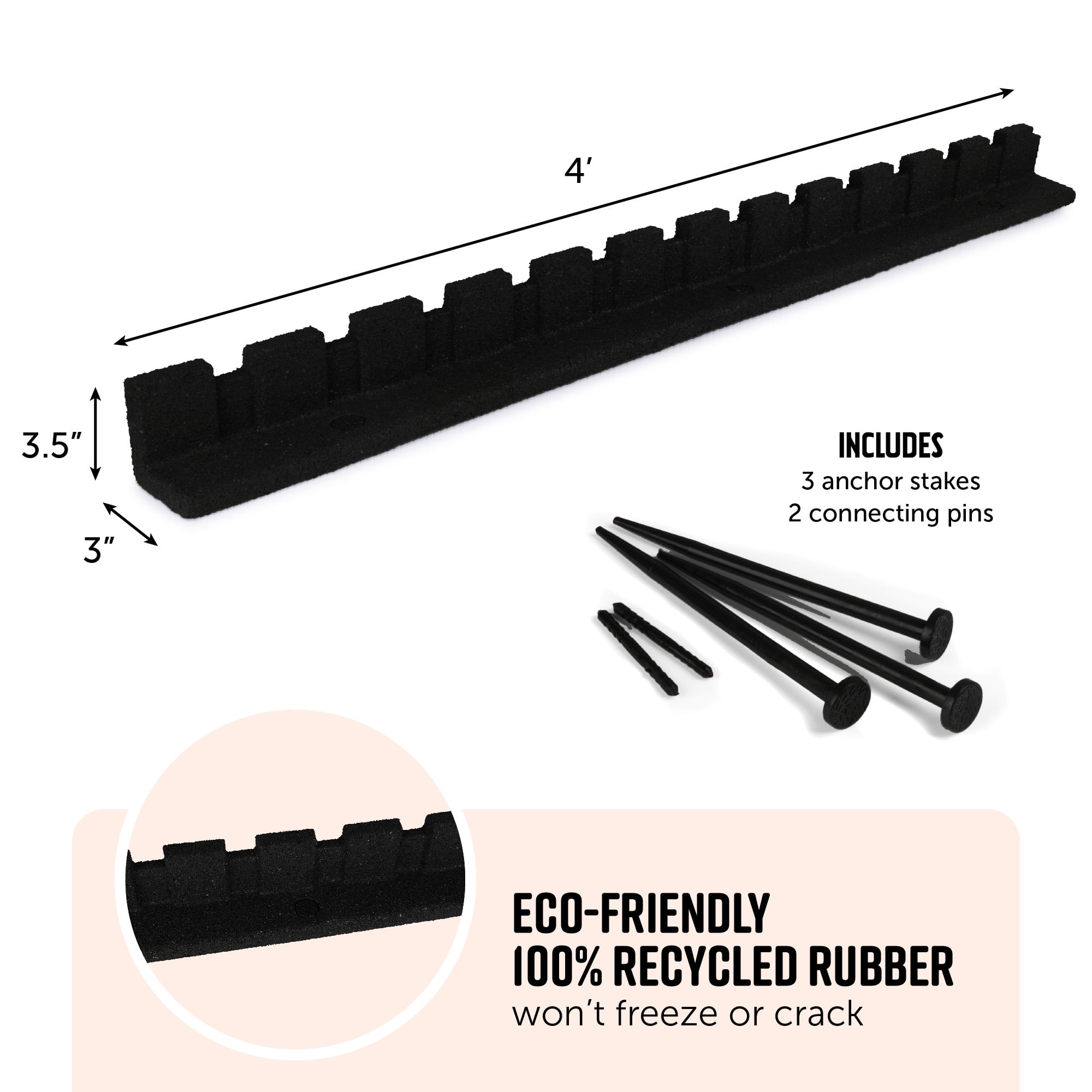 GroundSmart Castle Landscape Edging, 4' Black Rubber Garden Edging Border, 6 pack
