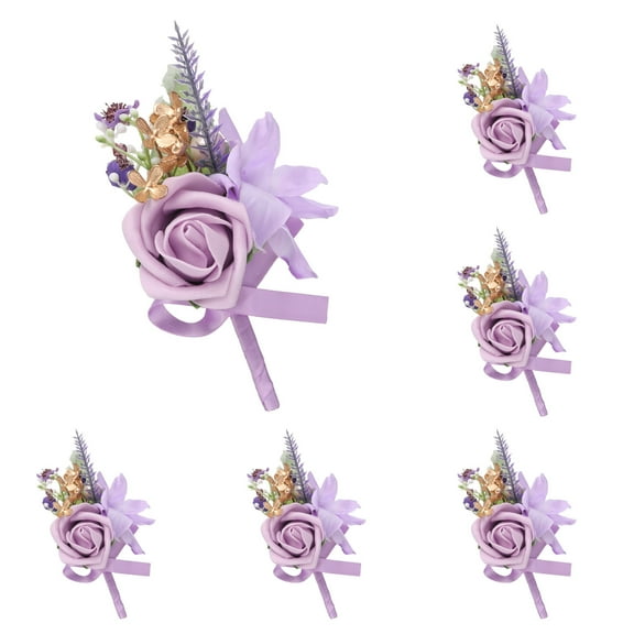 6pcs Purple Boutonnieres Corsage for Men Groom Groomsmen Bride