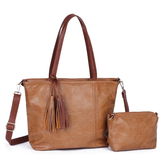 Women’s 2-in-1 PU Leather Tote Bag with Tassel and Pouch, Vintage Shoulder Handbag, Large Capacity Camel
