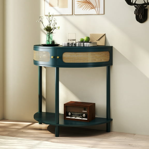 Noble House 31.5" Unique Half-Moon Entry Console, Rattan Doors with Bottom Shelf, Boho End Table, Hallway, Antique Green