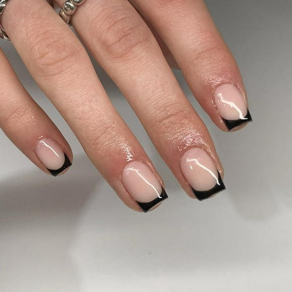 TRAHOO-30 PCS Black French Tip Press On Nails Short Square Fake Nails French Nails Press ons Square Acrylic Nails Glue on Nails Natural Short Square Nails False Nails for Women in 15 Sizes