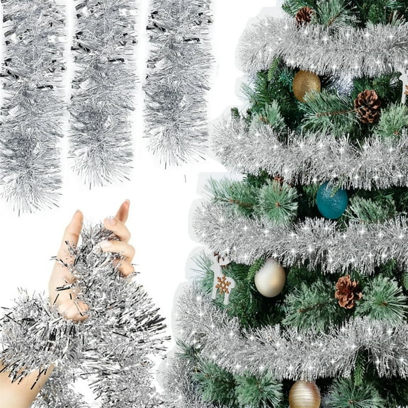 HYG 6 Pcs Silver Glitter Christmas Tinsel Garland,Metallic Twist Xmas Tree Decorations,Shiny Hanging Tinsel Wreath,for Christmas Party Indoor and Outdoor Decor 35 Feet