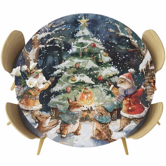Christmas Table Cloth, Round Fitted Tablecloths with Elastic Edge, Xmas Tree Animals Snowflake Blue Wipeable Waterproof Table Cover for Kitchen Wedding 55-60 Inches