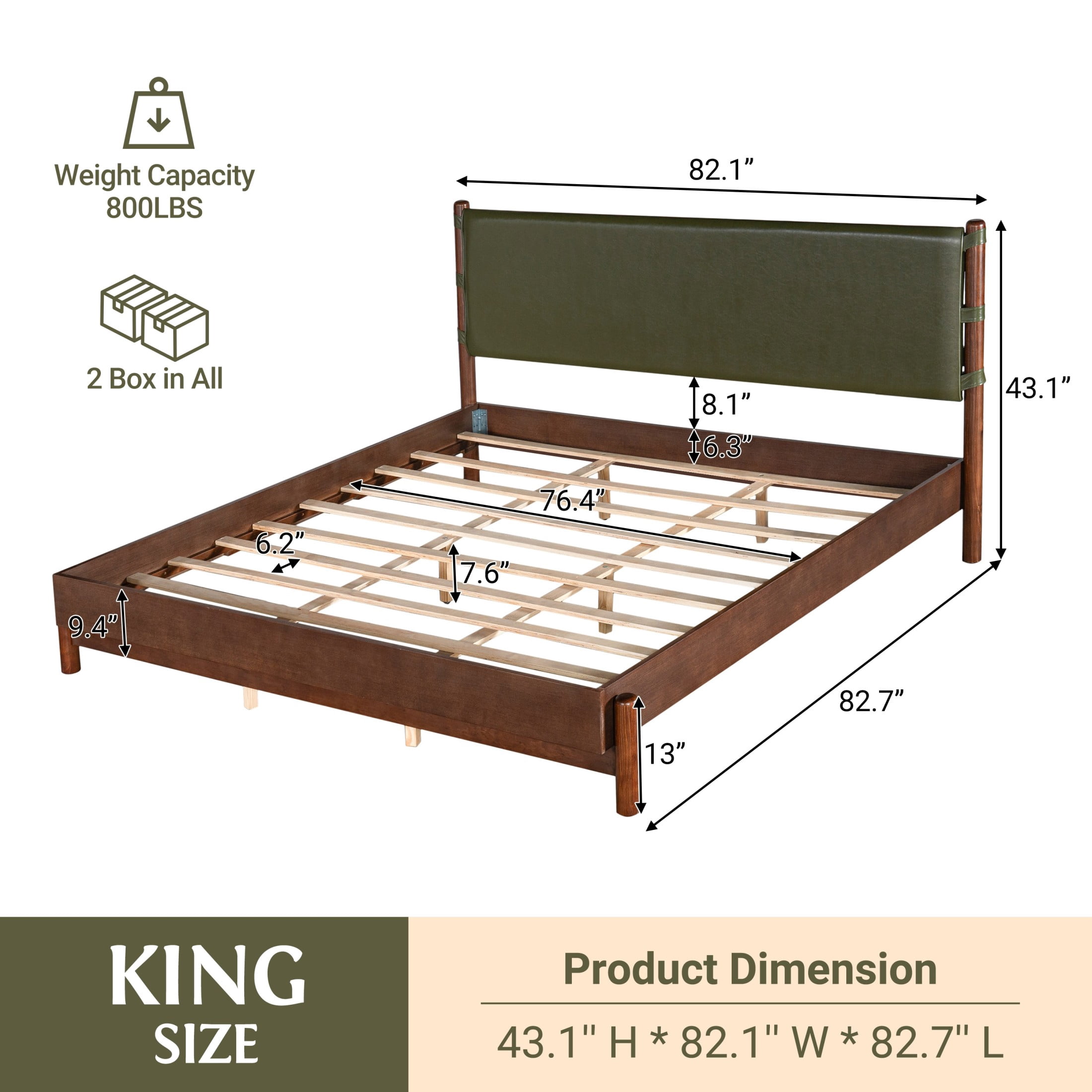 Christopher Knight Home King Modern Wood Platform Bed with PU Upholstered Headboard, Walnut+Olive