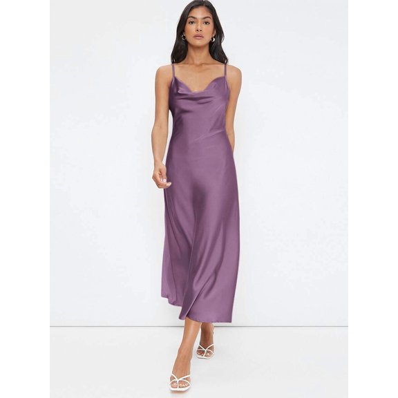 Purple Satin Draped Cowl Neck Slip Dress, Long Sleeveless Camisole For Evening, Wedding Guest Or Elegant Occasions