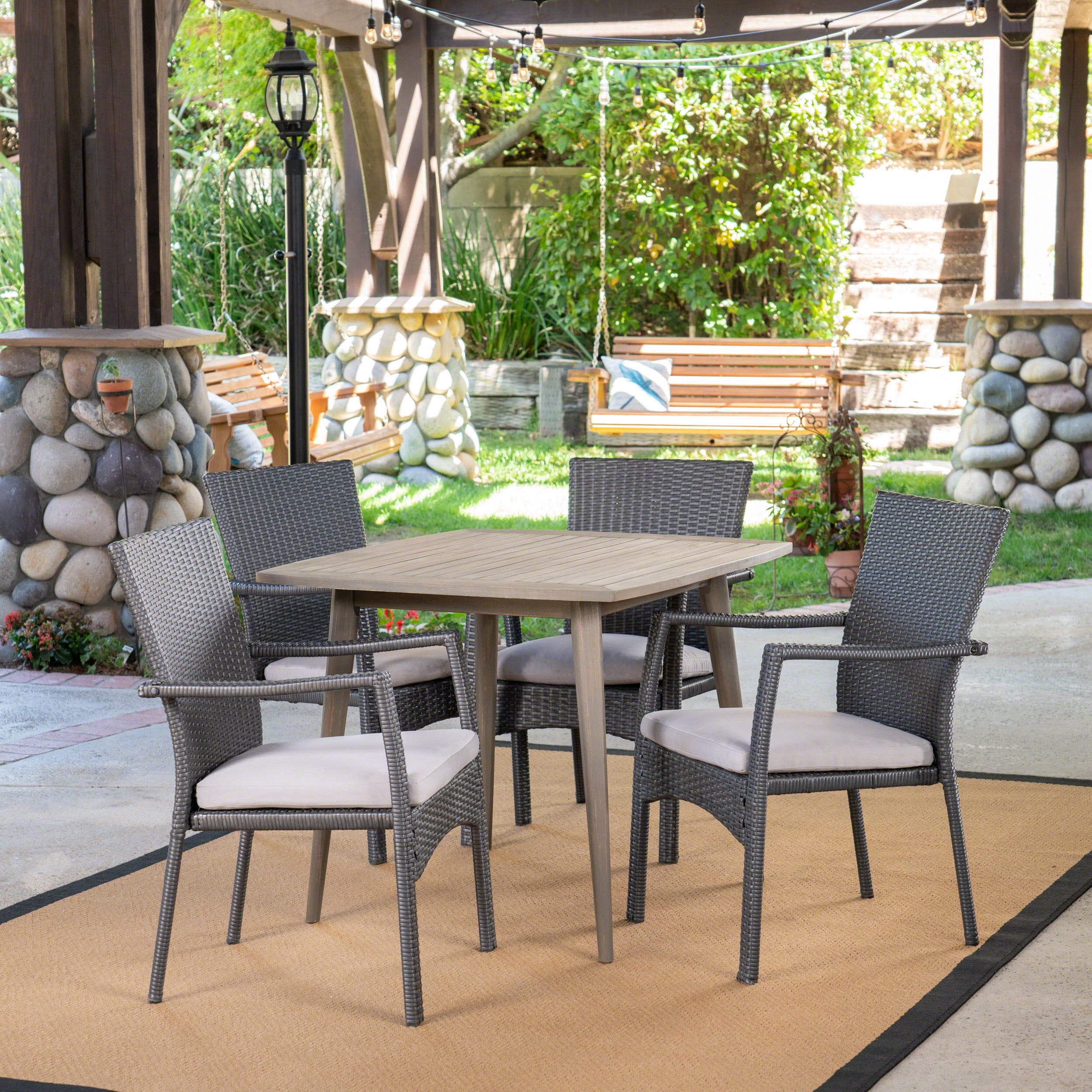 Aden Outdoor 5 Piece Acacia Wood and Wicker Dining Set with Cushions, Gray, Gray