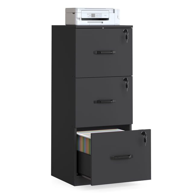VASAGLE UOFC055B16 - Archivador de 3 cajones con Cerradura, Soporte para Impresora, Organizador de archivadores de Oficina, para Archivos A4 y tamaño Carta, Tinta Negra