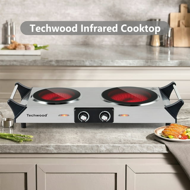 Techwood 1800W Portable Electric Stove, Double Infrared Ceramic Cooktop Burner with Dual Control, Anti-Scald Handles for RV Camping Home,Silver