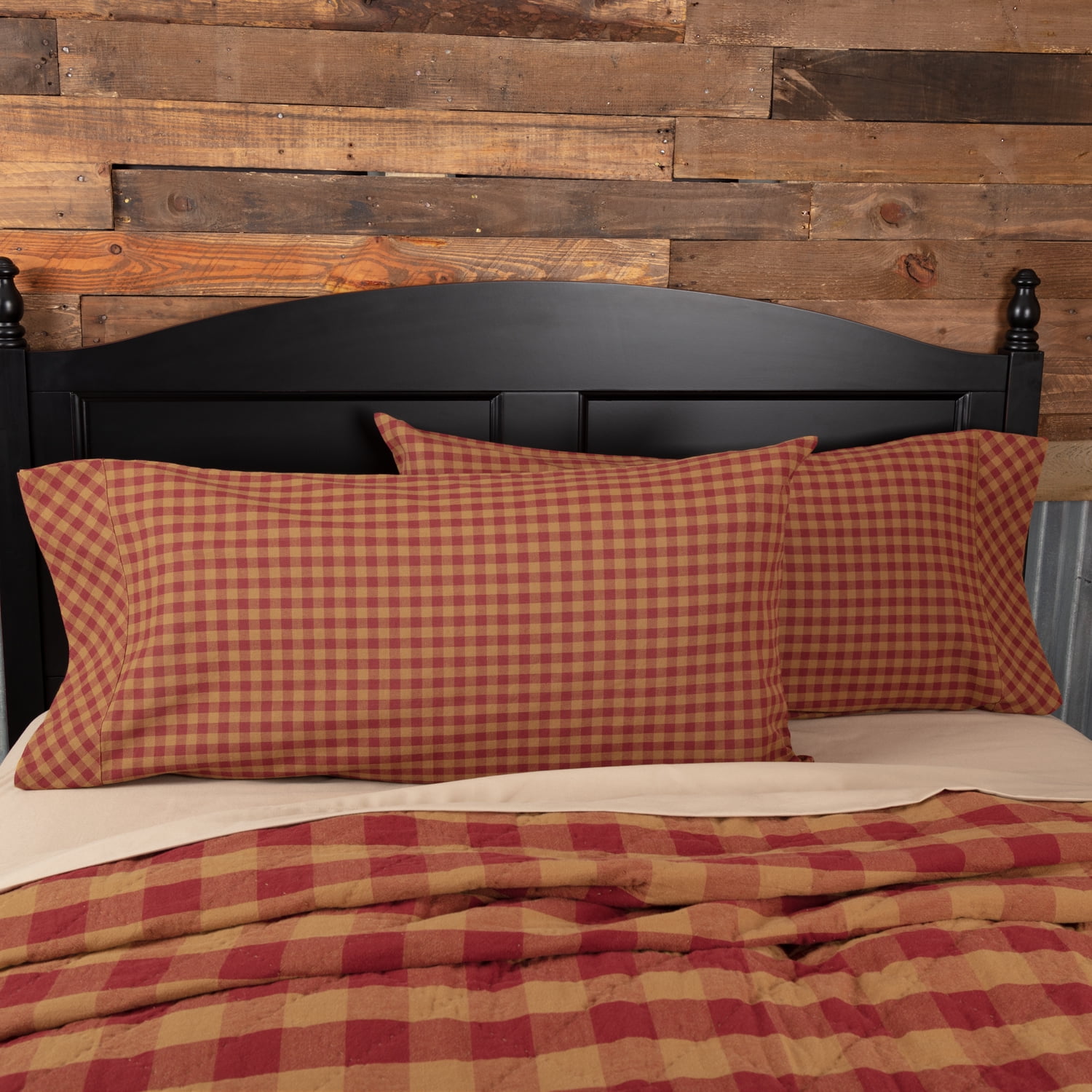 Burdy Red Primitive Bedding Cody Check Cotton King Pillow Case Set Of 2