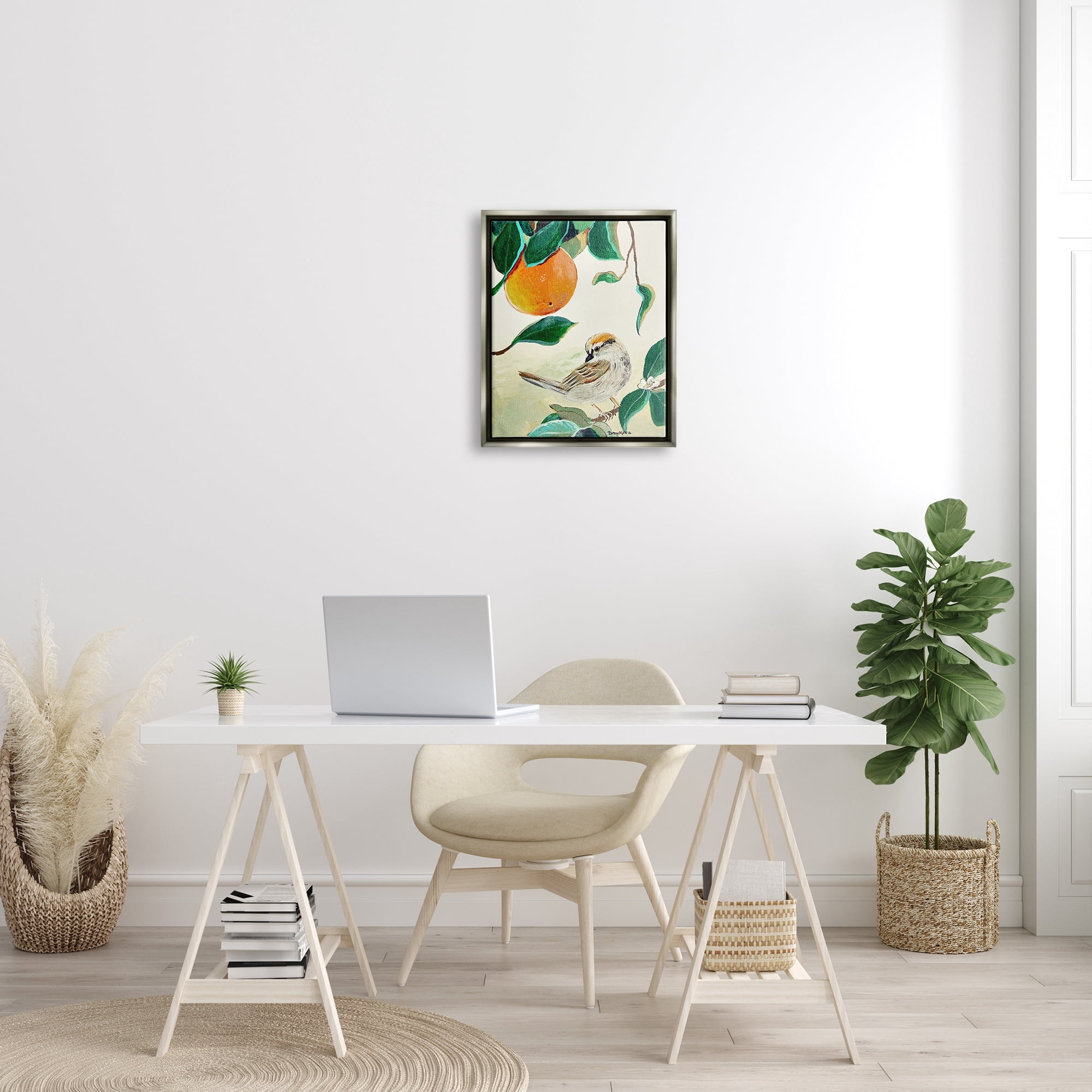 Stupell Industries Bird Perched Orange Fruit Tree Branch Leaves Painting Luster Gray Floating Framed Canvas Print Wall Art, Design by Robin Maria