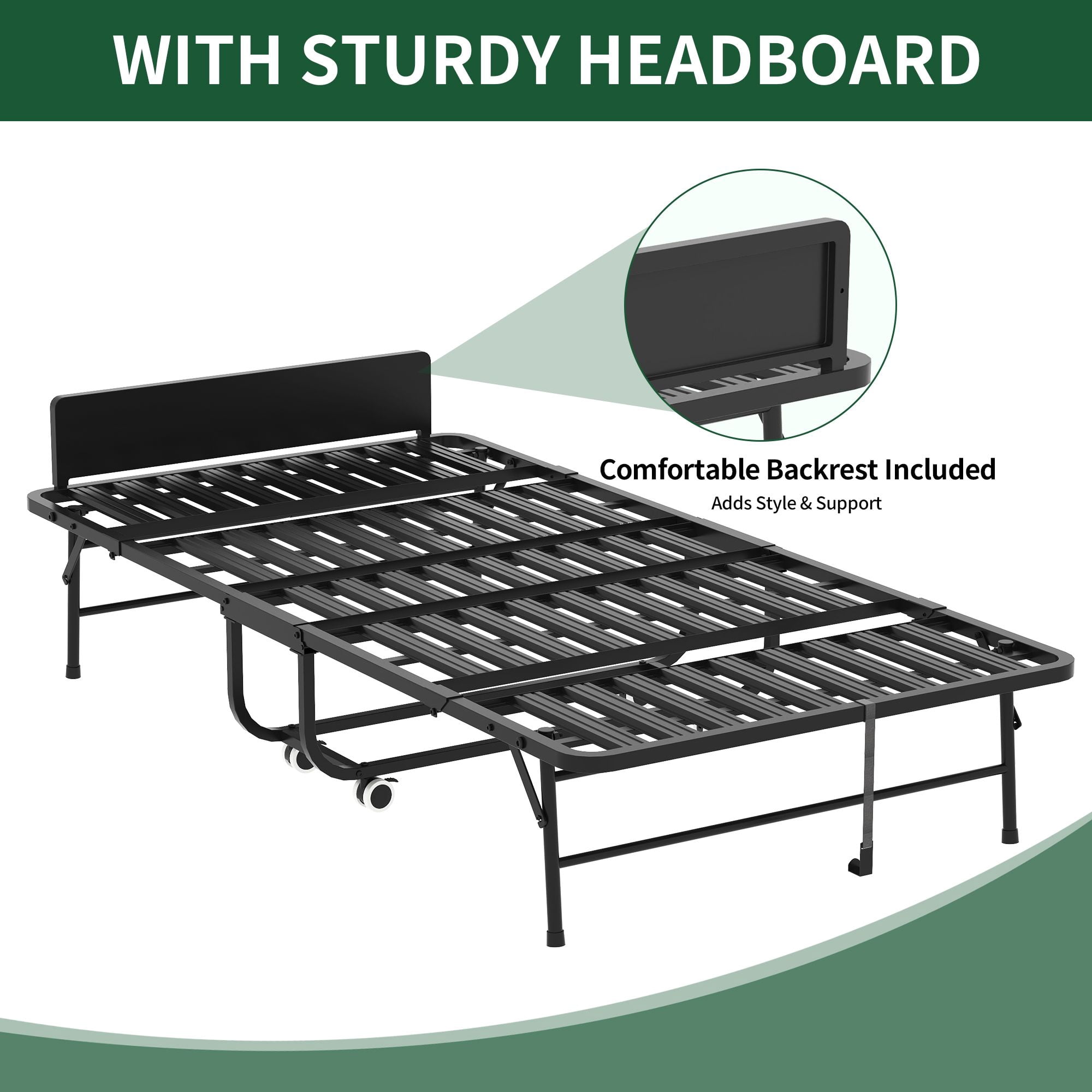 Folding Bed with Adjustable Headboard, 5 in Memory Foam Mattress, Metal Rollaway Guest Bed on Wheels, 75 in Long Twin Size Cot