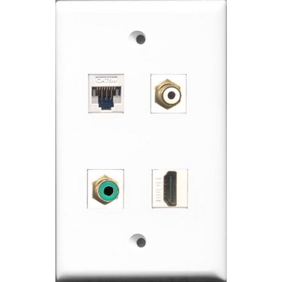 RiteAV 1 Port HDMI and 1 Port RCA White and 1 Port RCA Green and 1 Port Cat5e Ethernet White Wall Plate
